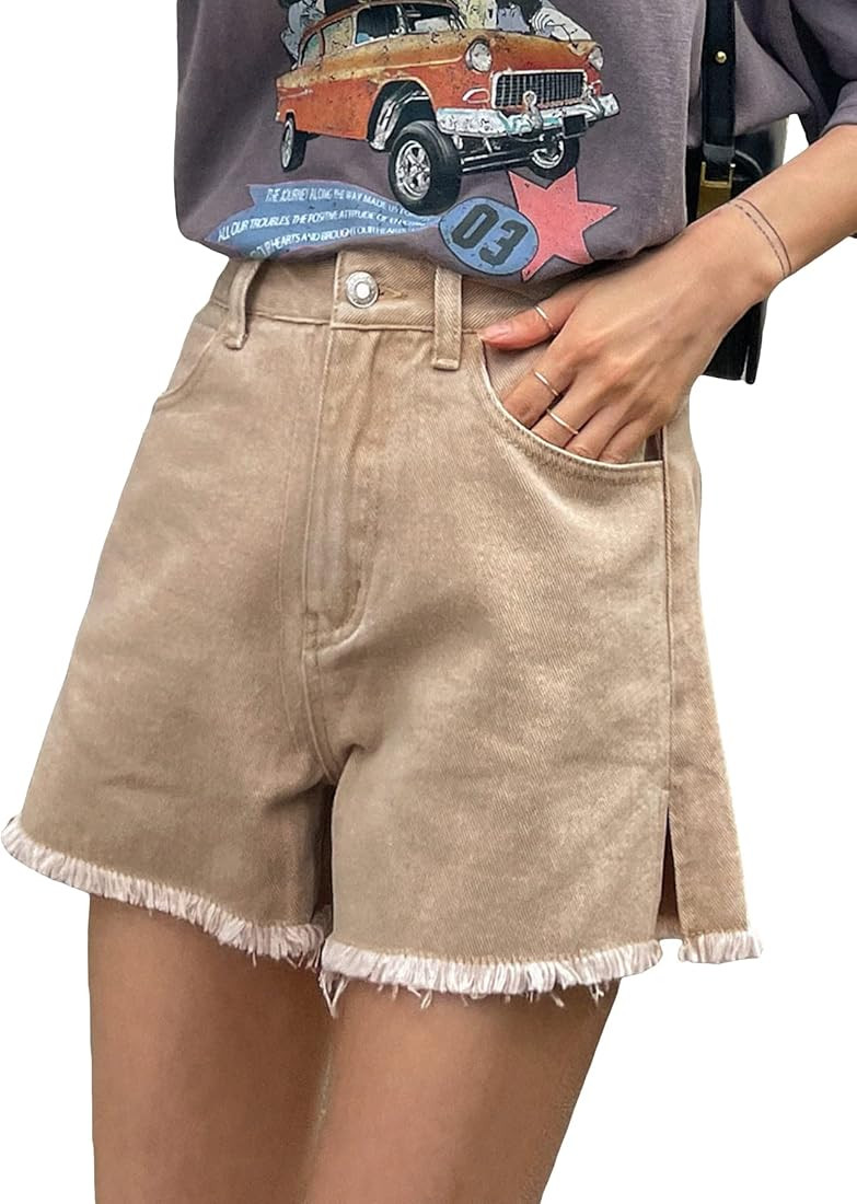 MakeMeChic Women's Wide Leg Denim Shorts High Waisted Split Frayed Hem Jean Shorts | Amazon (US)