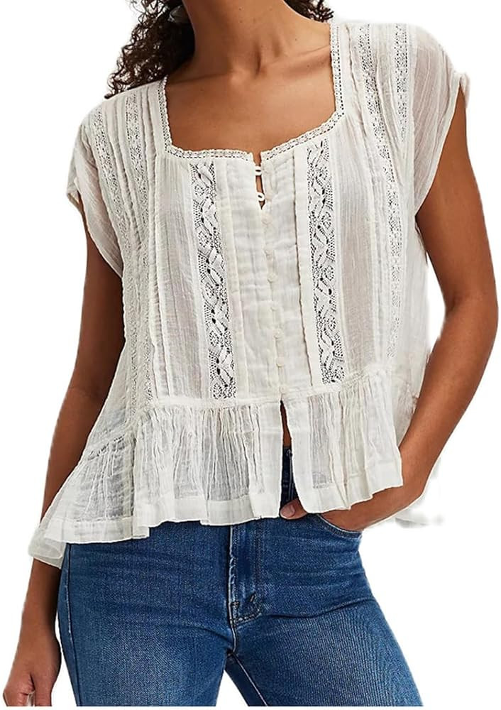 Women’s Tie Front Ruffle Boho Tops Flowy Sheer Short Sleeve Lace Blouse Y2k Embroidered Babydol... | Amazon (US)