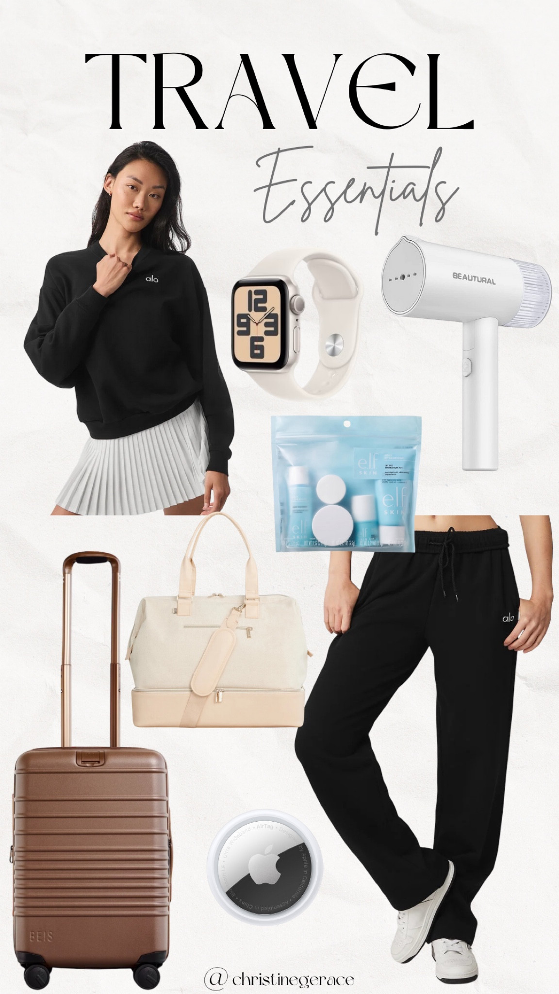 List of travel essentials ! Alo lounge wear, Beis suitcase, elf toiletries, travel steamer, Apple Watch, duffle bag 

#LTKItBag #LTKFitness #LTKTravel