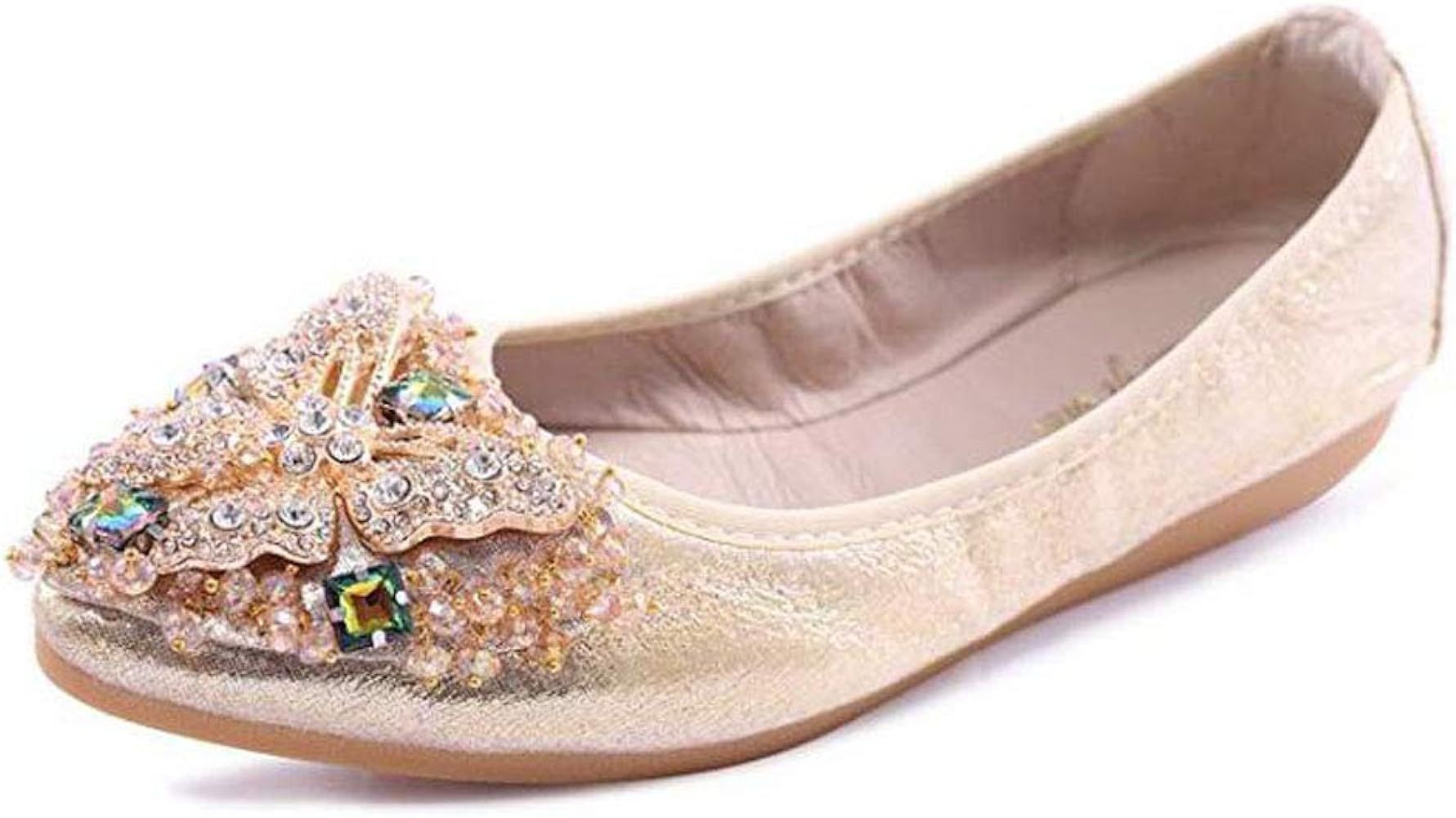 USANDY Women's Wedding Flats Rhinestone Slip On Foldable Ballet Shoes | Amazon (US)