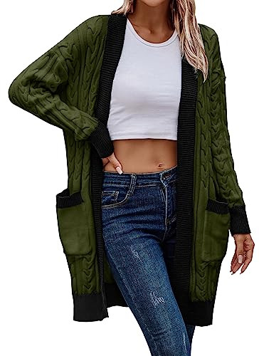 PRETTYGARDEN Women's 2024 Fall Cable Knit Cardigan Sweaters Casual Long Sleeve Open Front Loose Outerwear Coats (Army Green,Medium) | Amazon (US)