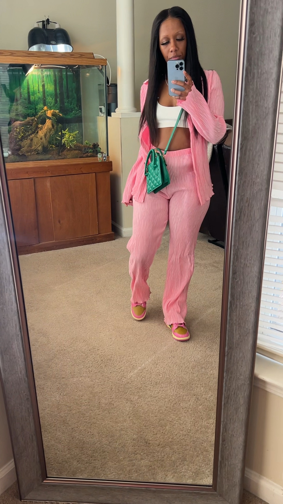 Pink outfits, valentines outfit, date night outfit, galentines outfit. I’m wearing a pink set in a size small. Instead of wearing it button up, i decided to go with a white crop top. For an added pop of color, i styled this outfit with a green crossbody bag

#LTKSeasonal #LTKfindsunder100 #LTKstyletip