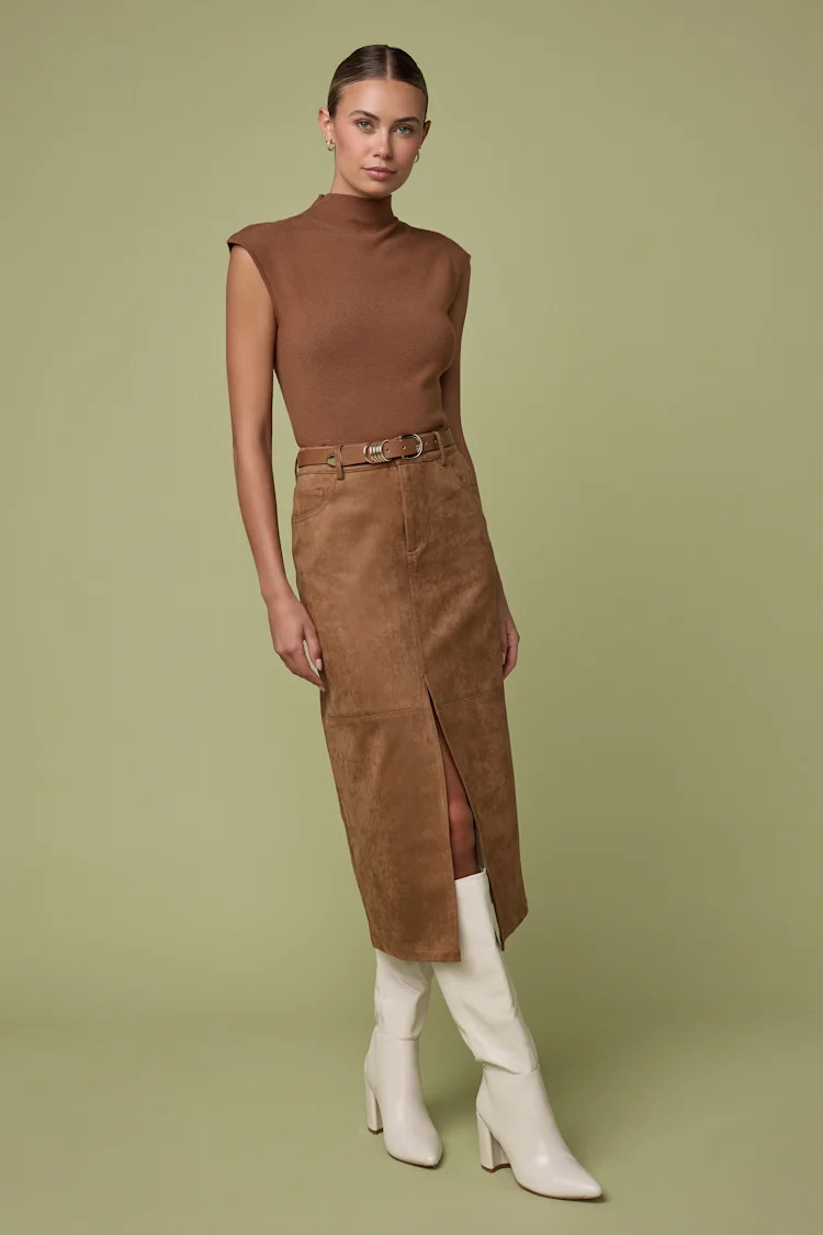 Reeves Light Brown Suede Mid-Rise Midi Skirt | Lulus