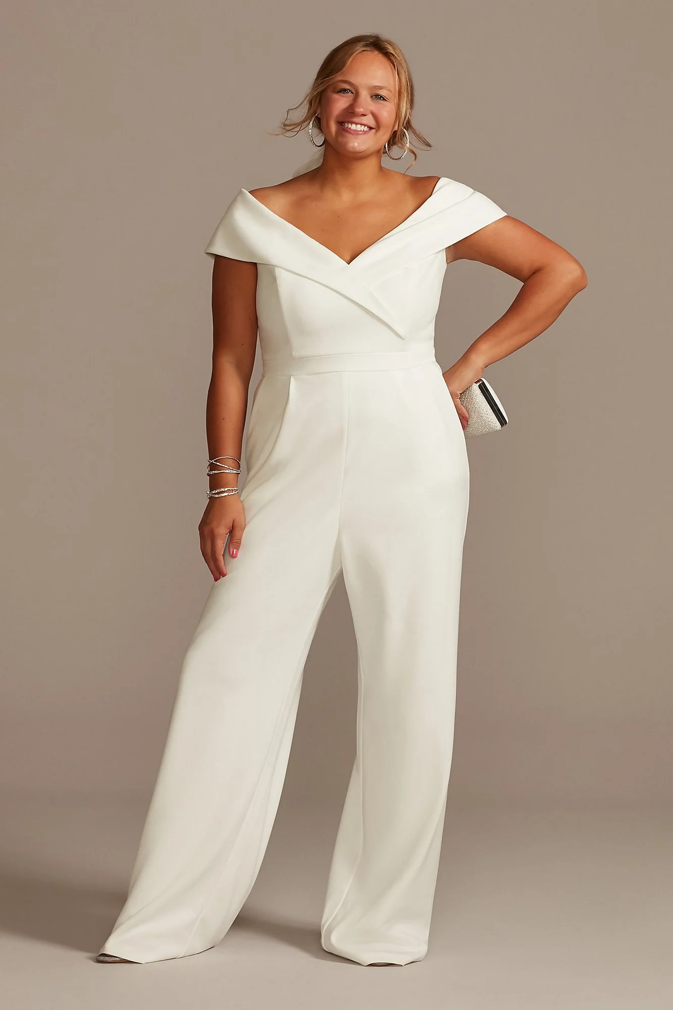 Cuffed Off-the-Shoulder Stretch Crepe Jumpsuit | David's Bridal