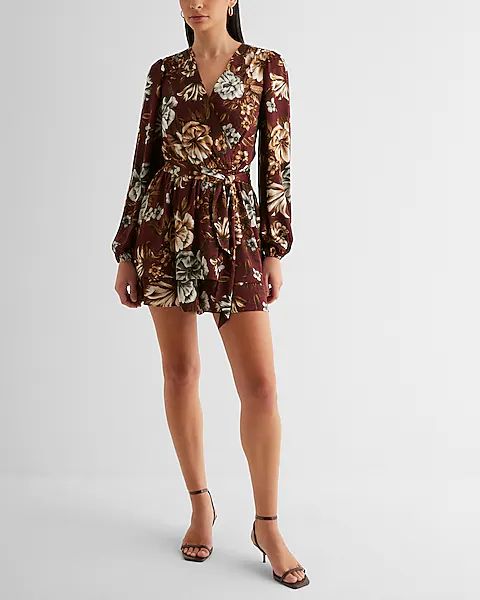 Floral Satin Ruffle Wrap Front Romper | Express