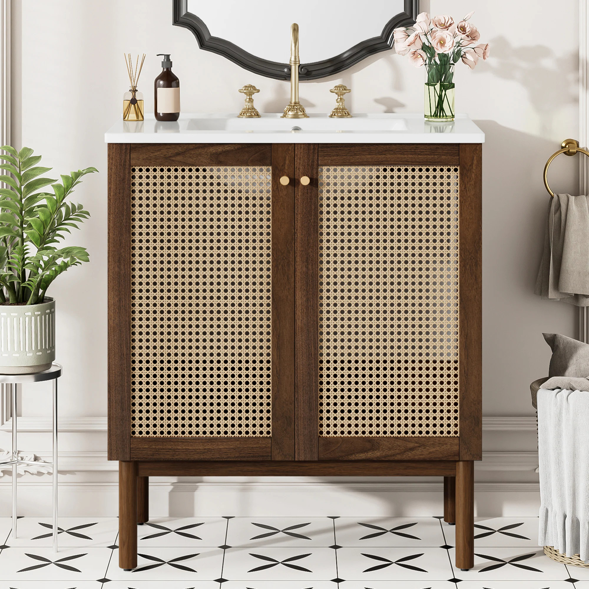 GDFStudio Mella Farmhouse 30-inch Solid Wood Freestanding Bathroom Vanity Cabinet with Ceramic Sink Handwoven Rattan Door and Soft-Close Doors | Lowe's