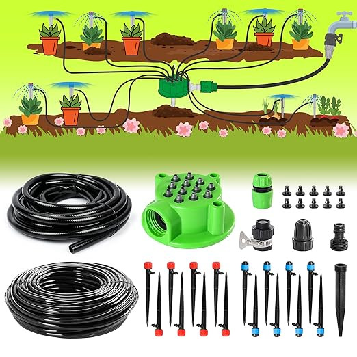 Bonviee 106.5FT Drip Irrigation Kit, Garden Watering System with 12-Port Irrigation Manifold, 1/2... | Amazon (US)