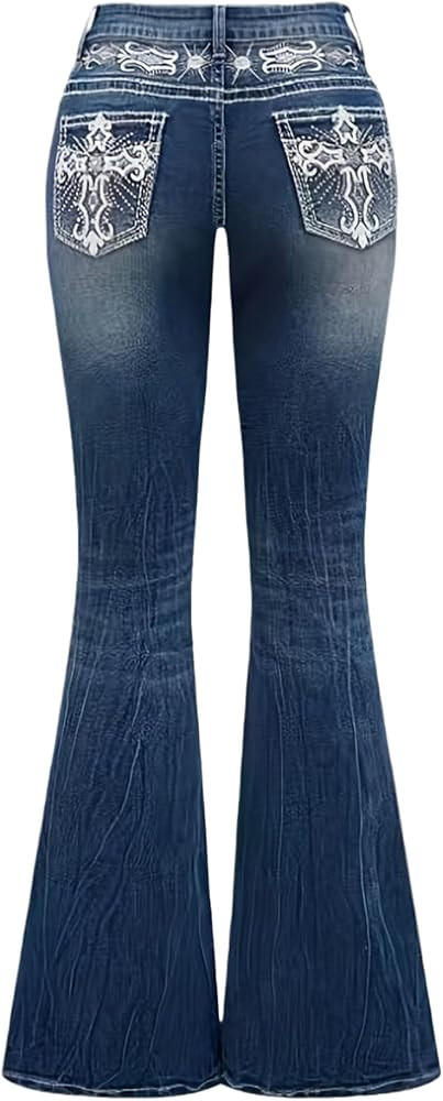 Women's Flared Jeans Bell Bottom Jeans Embroidered Y2K High Waist Stretchy Denim Pants | Amazon (US)