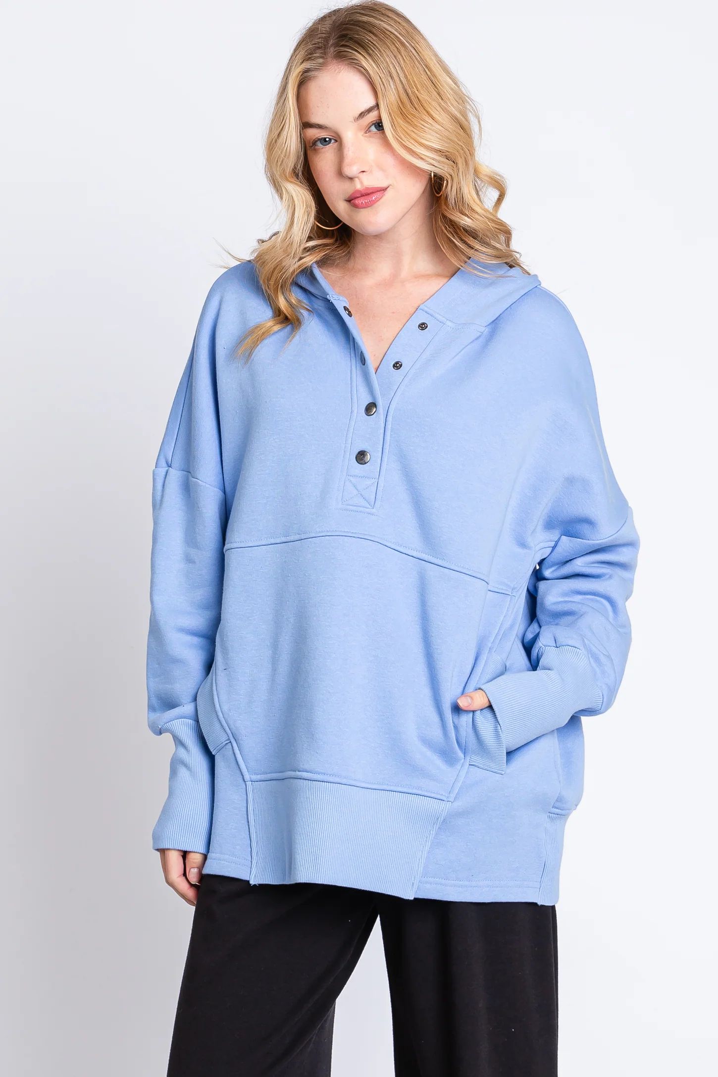 Light Blue Hooded Button Pullover Sweater | PinkBlush Maternity