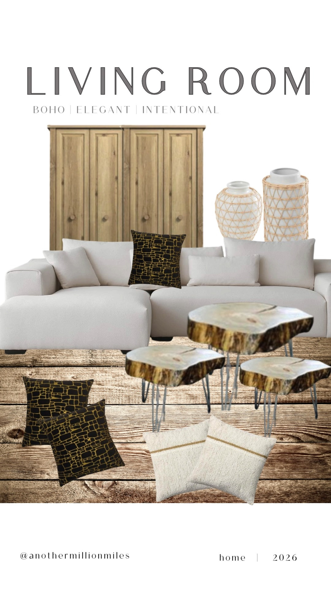 I’ve been craving a living room that feels like an exhale . soft, elevated, and intentional. 

This is my “boho-elegant” formula: a cloud-like neutral sectional as the anchor, warm natural wood for grounding, and a little high-contrast texture (those black + gold pillows 😍) to keep it feeling designed—not bland. 
Then I finish it with sculptural, organic coffee tables + woven accents that make the whole room feel collected over time.

Linking the exact pieces + best lookalikes so you can recreate this cozy-luxe vibe at home.  

 #LTKNYFW #LTKOver40 #LTKHome