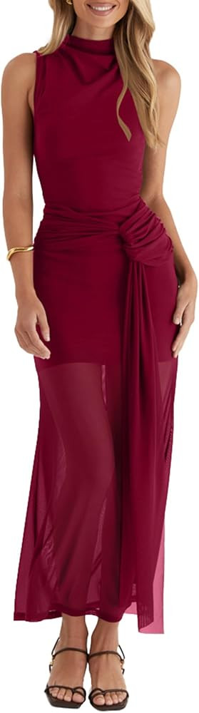 OWIN Women\u2019s Bodycon Long Maxi Dress Elegant Sleeveless Mock Neck Ruched Mesh Sheer Hem Cock... | Amazon (US)
