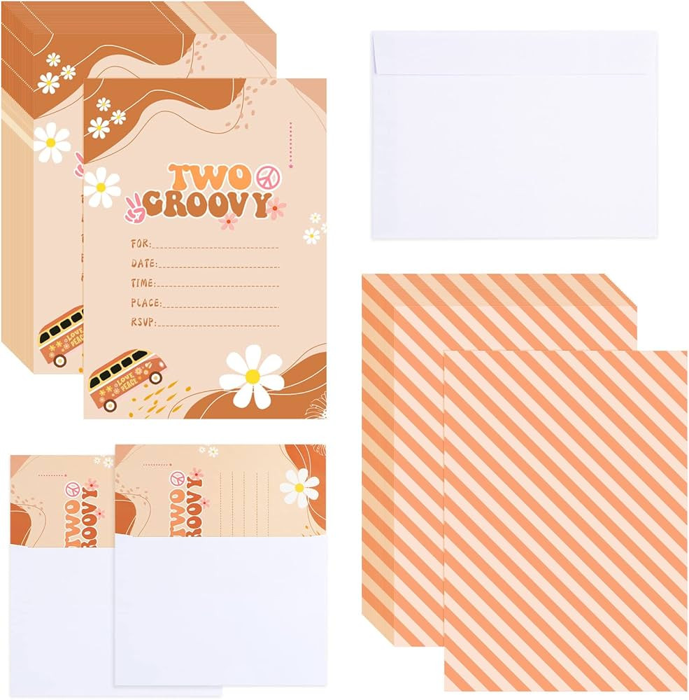 25 Sets Two Groovy Invitations with Envelopes Retro Birthday Invitations Two Groovy Party Decorat... | Amazon (US)