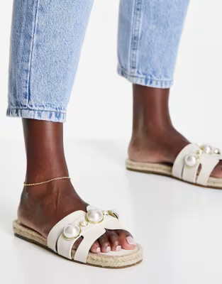 ASOS DESIGN Jazzy espadrille mules with faux pearls in cream | ASOS (Global)