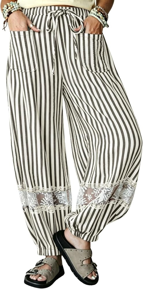 Yeokou Women Boho Striped Pants Lace Casual Trousers with Pocket     Elastic drawstring waist, la... | Amazon (US)