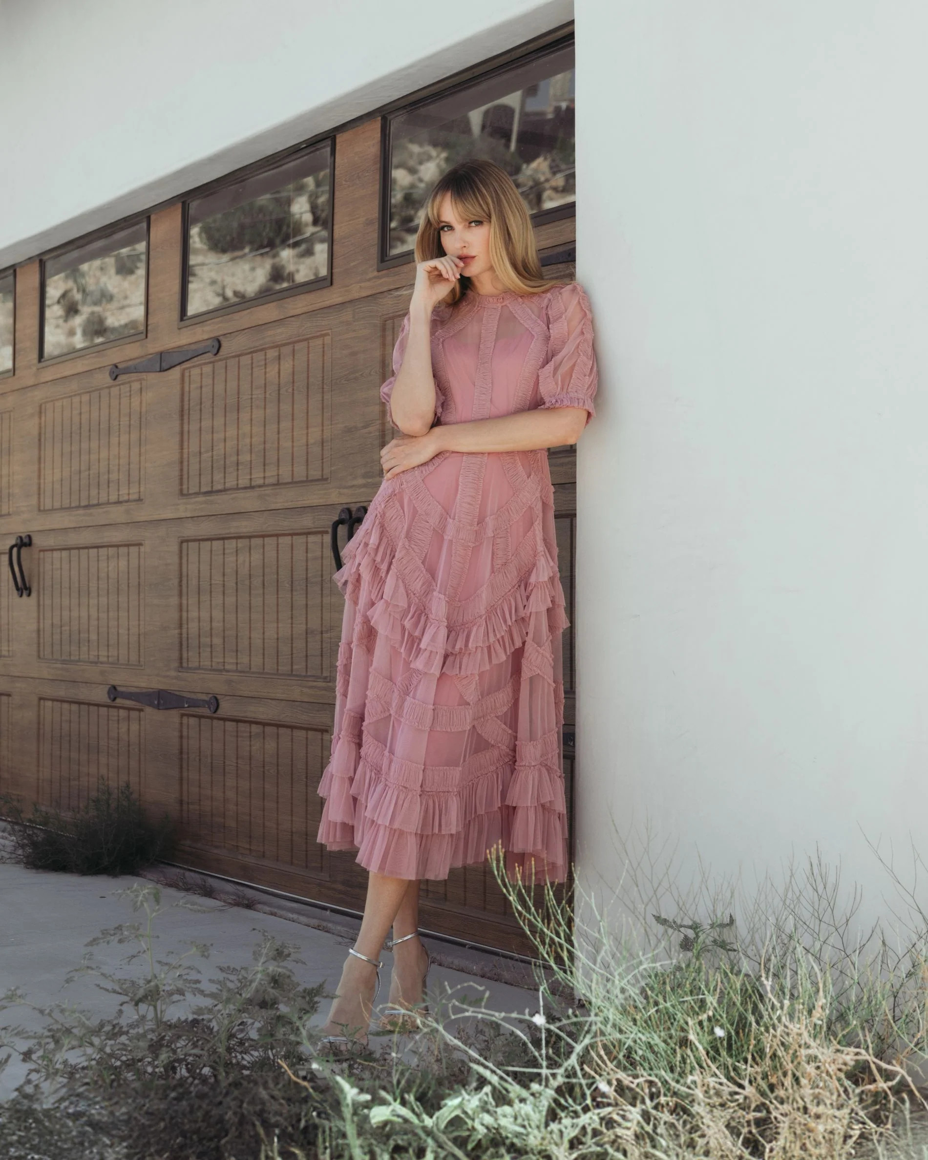 Pink High Neck Ruffle Tiered A-Line Midi Dress | Mac Duggal | Mac Duggal