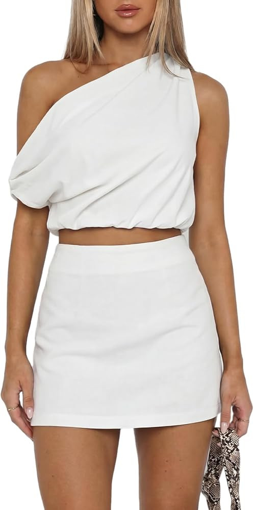 UNCOOYEE Womens 2 Piece Skirt Set-One Shoulder Top High Waisted Mini Skirt | Amazon (US)