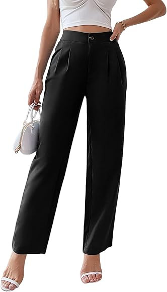 Viatabuna High Waisted Pleated Pants for Women Work Office Solid Casual Pants Straight Leg Dress ... | Amazon (US)