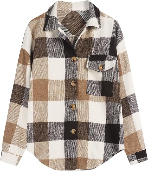 ZAFUL Womens Flannel Shacket Jacket Casual Plaid Wool Blend Button Down Long Sleeve Shirt 2023 Fa... | Amazon (US)