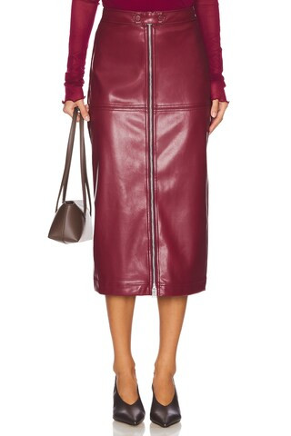 SIMKHAI Bianca Faux Leather Midi Skirt in Oxblood from Revolve.com | Revolve Clothing (Global)