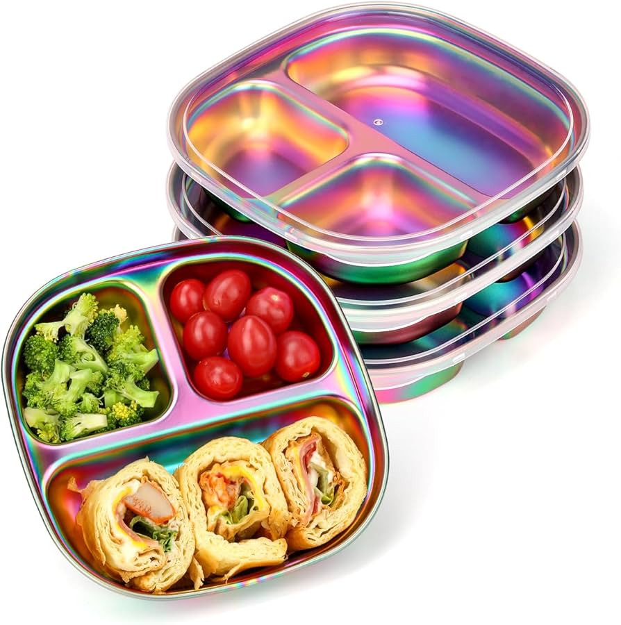 AIEVE Stainless Steel Kids Plates, Pack of 4 Stainless Steel Divided Toddler Plate with Lids | Amazon (US)