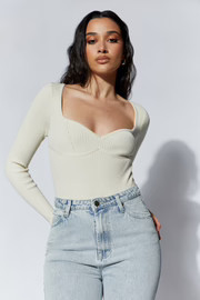 Rinna Recycled Knit Scoop Neck Bodysuit - Cream | MESHKI US