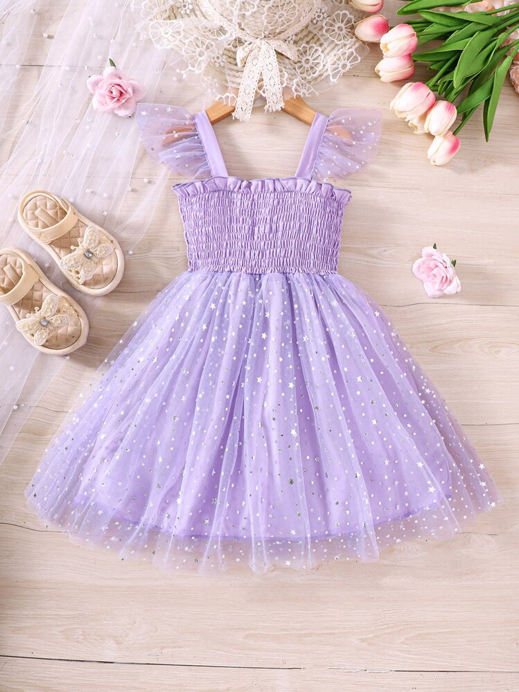 Young Girl Star Mesh Overlay Ruffle Trim Cami Dress | SHEIN