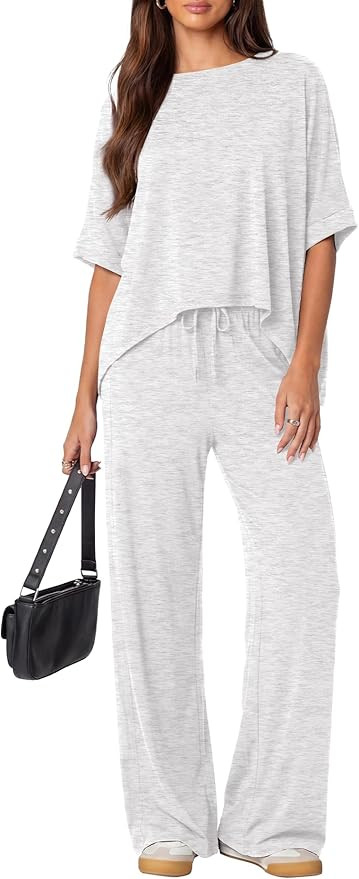 Darong Women's 2 Piece Outfits Matching Lounge Sets Short Sleeve Pullover Tops High Waisted Wide ... | Amazon (US)