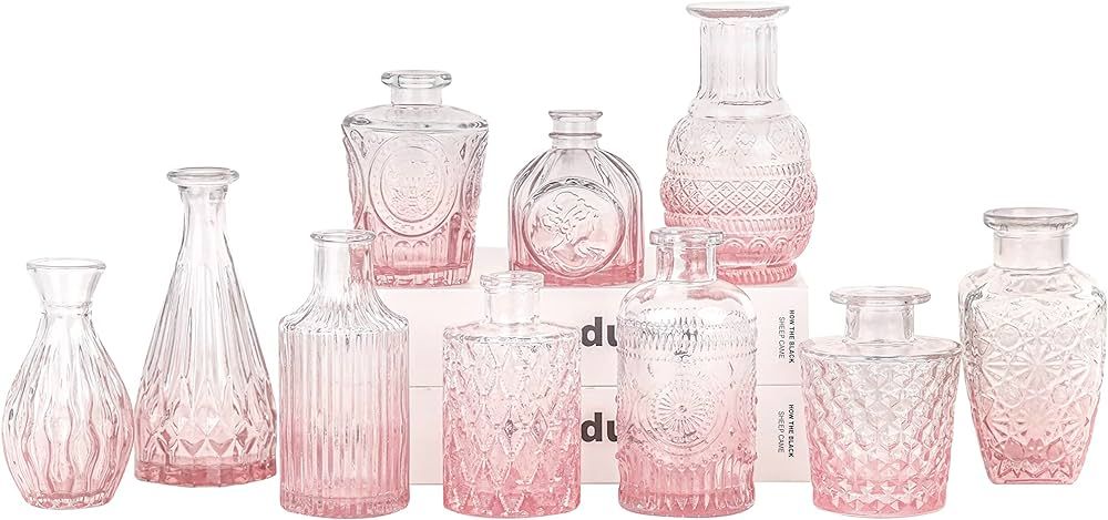 Pink Glass Bud Vase Set of 10 - Mini Vintage Vases for Wedding Decorations, Home Table Flower Dé... | Amazon (US)