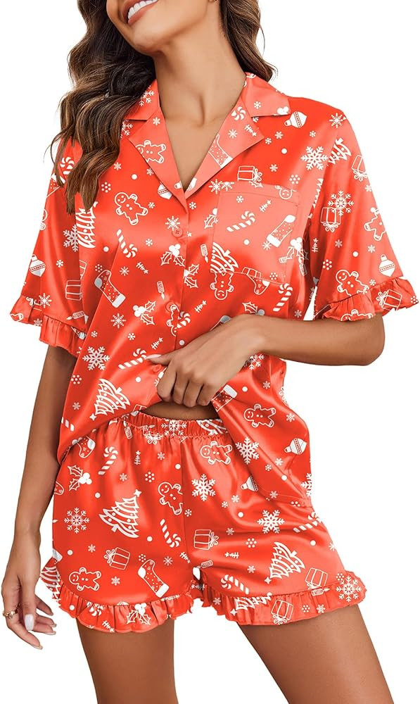 Ekouaer Womens Satin Pajamas Set Button Down Silk 2 Piece Pj Sets Ruffled Short Sleeve Sleepwear | Amazon (US)