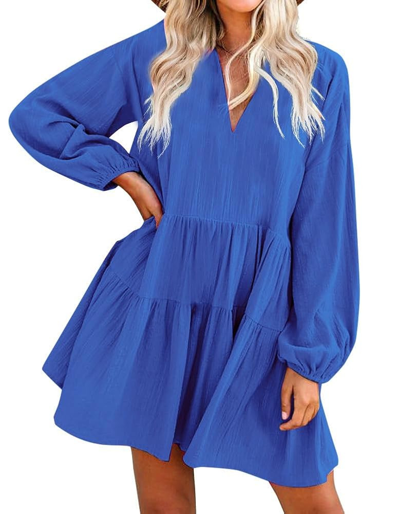 FANCYINN Cute Shift Tunic Dress for Women Ruffle Swing Babydoll Mini Long Sleevee Dress with Pock... | Amazon (US)
