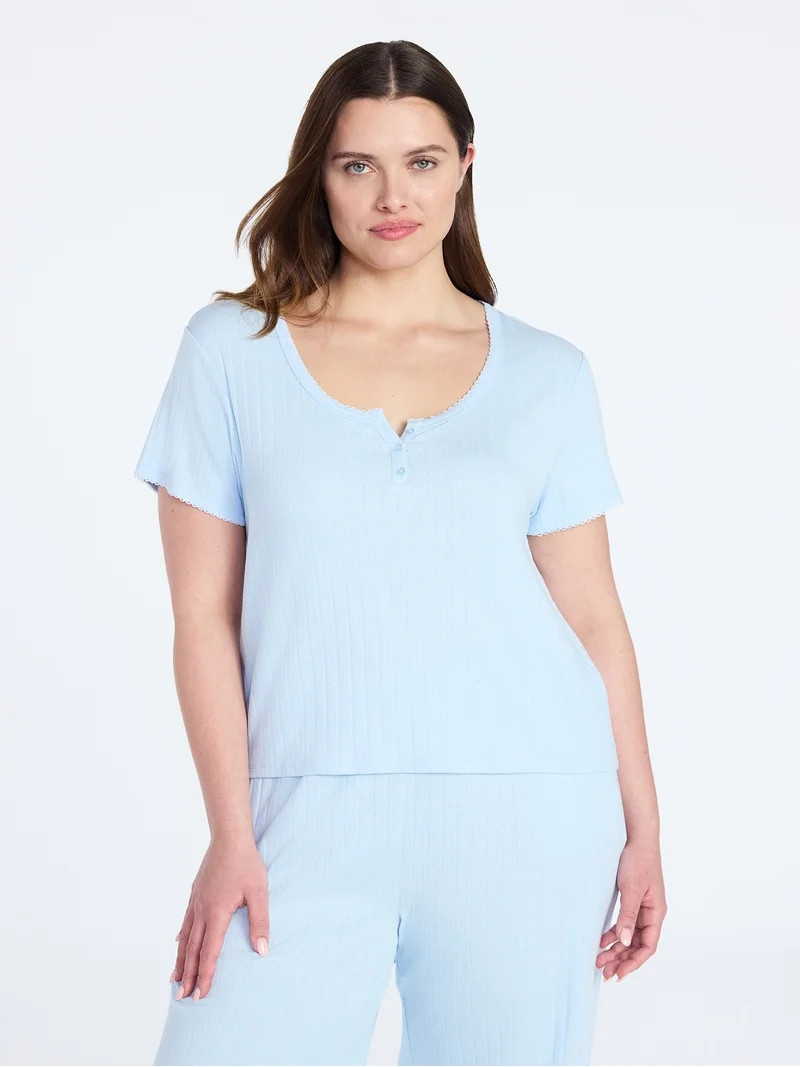 Joyspun Women’s Pointelle Knit Sleepwear Henley Tee with Short Sleeves, Sizes XS-3X | Walmart (US)