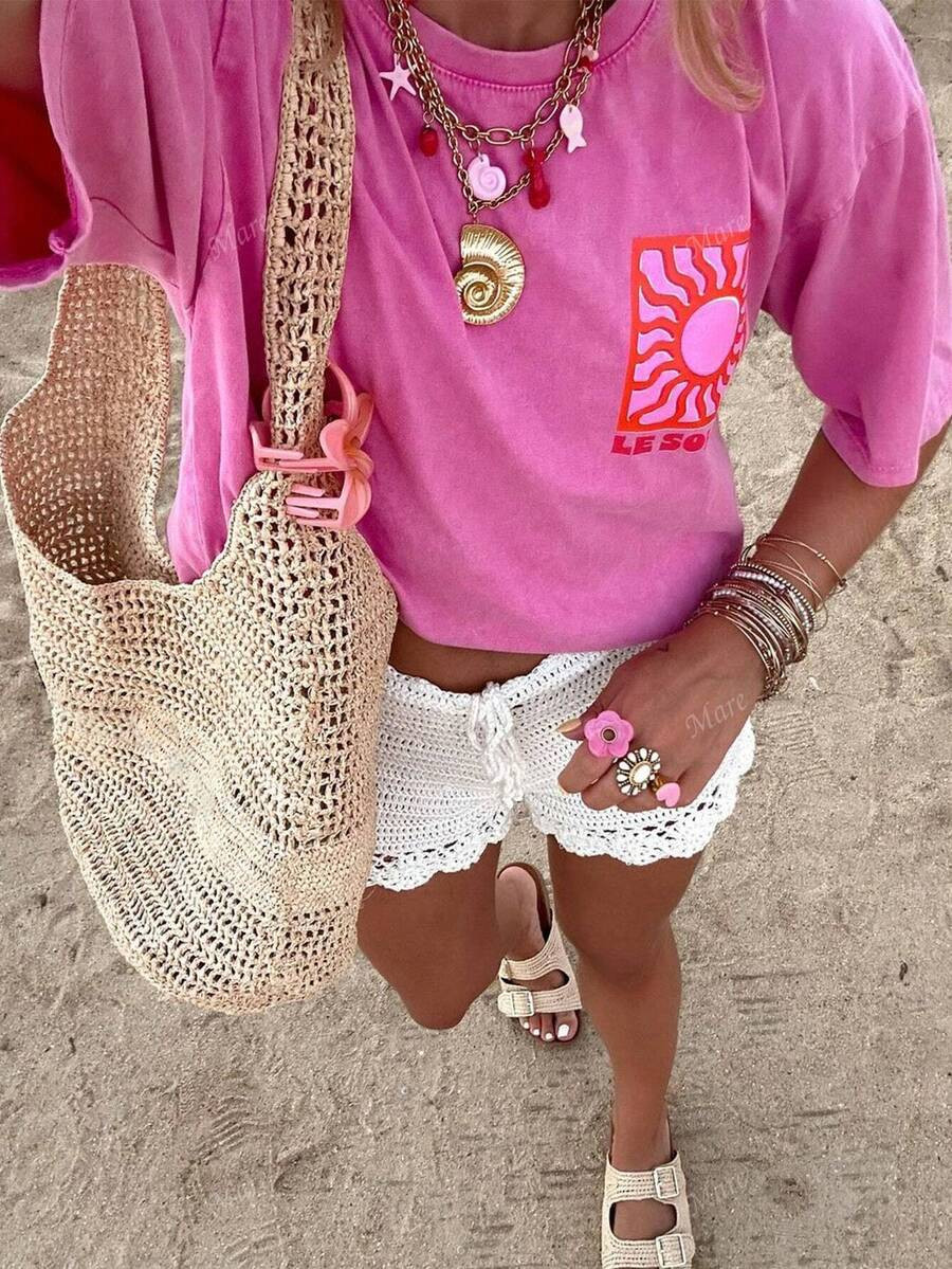 Women's Casual Solid Color Round Neck Short Sleeve T-Shirt, Sun Graphic Summer Beach Vacation | SHEIN