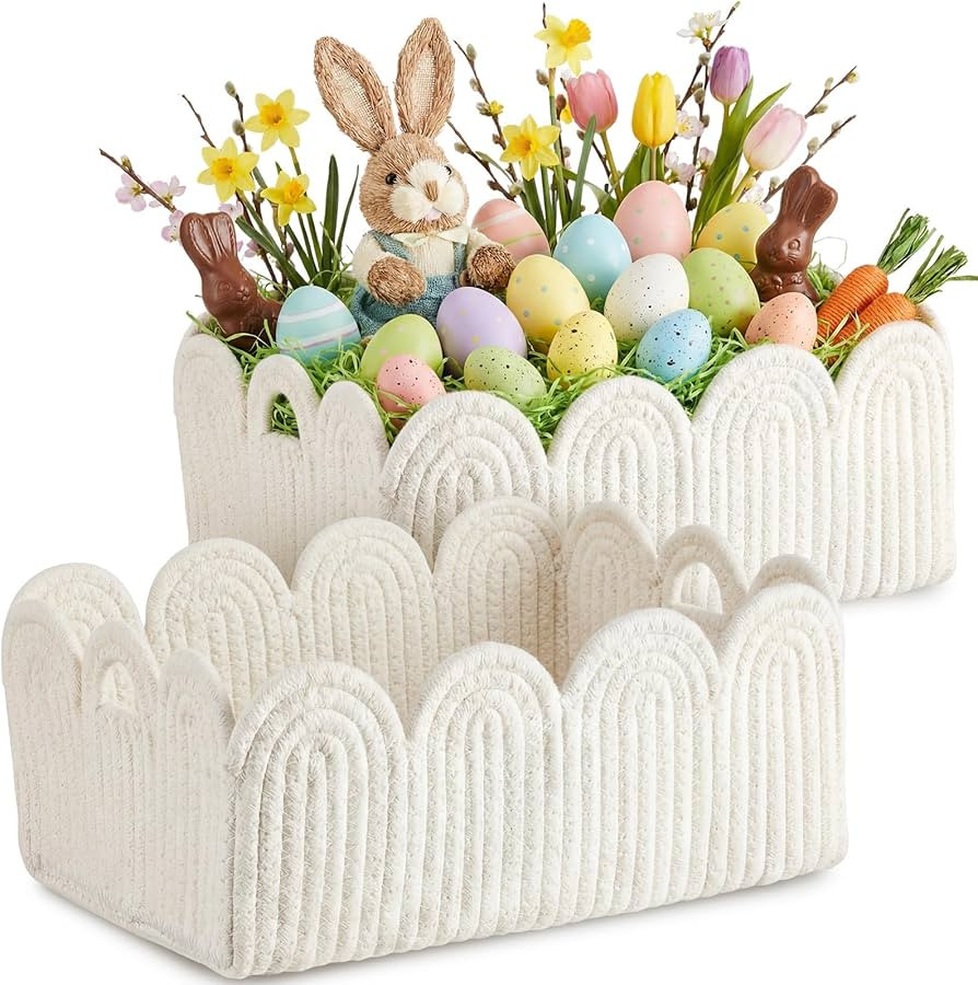 2 Pcs Small White Scalloped Woven Cotton Rope Baskets with Built-in Handles and Clear Gift Bags 1... | Amazon (US)