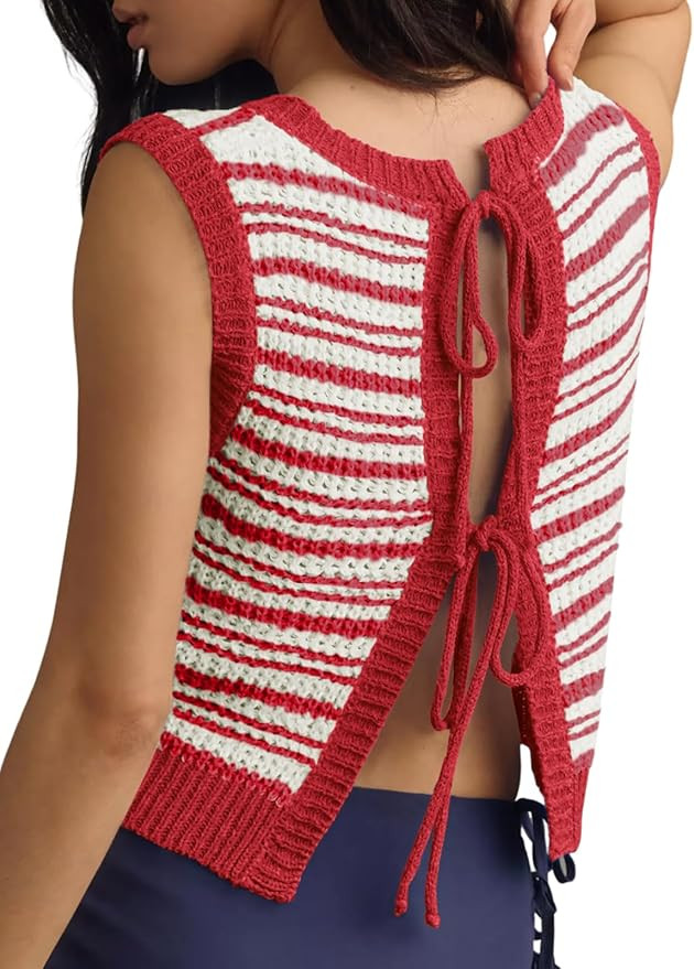 Yousify Womens Crochet Chunky Knit Tops Striped Sweater Vest Sleeveless Sweater Cardigan Bow Tie ... | Amazon (US)