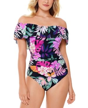 Swim Solutions Deco Printed Off the Shoulder Ruffle Tummy Control One-Piece Swimsuit, Created for Ma | Macys (US)