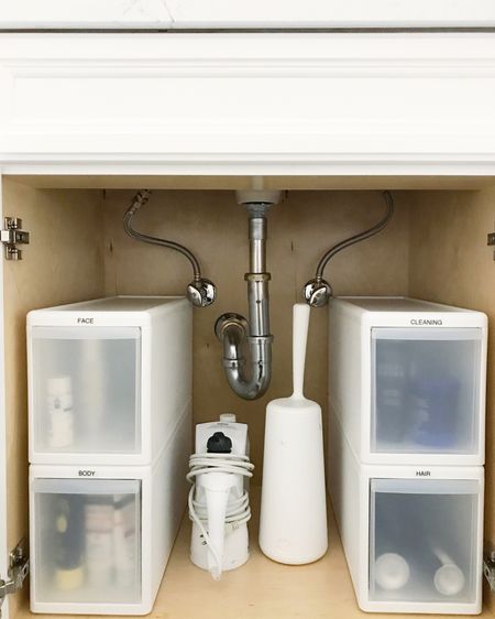 Ignore the under sink pipe. There’s always a way! These stacking drawers come in a variety of sizes to accommodate the supplies you keep under your sinks. 🤍

#LTKMostLoved #LTKhome #LTKbeauty