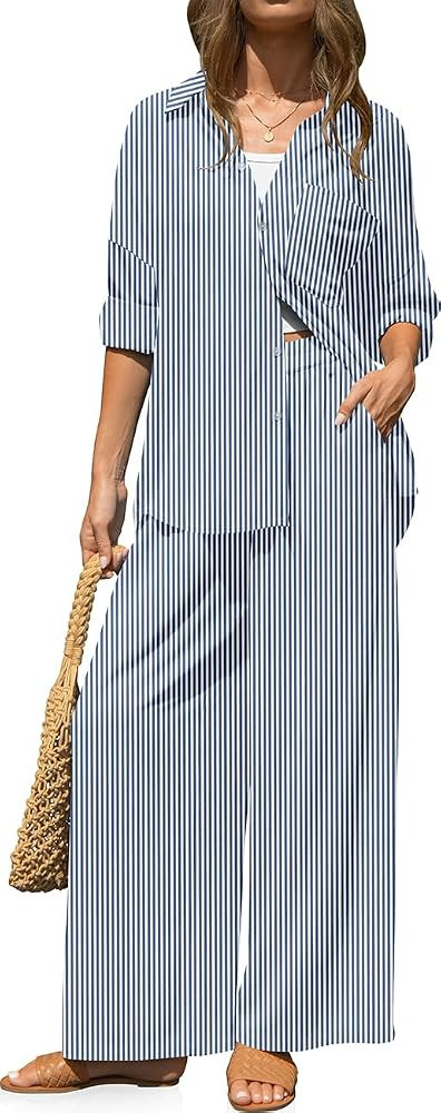 TARSE Women's Linen 2 Piece Outfits Casual Lounge Sets Long Sleeve Button Down Shirts Wide Leg Pa... | Amazon (US)