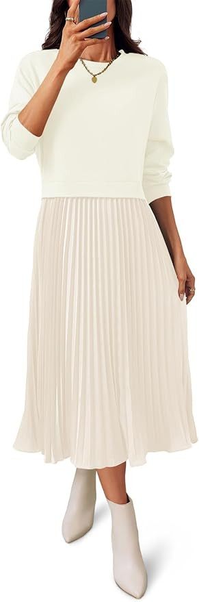 Wenrine Womens Sweatshirt Dress Casual Patchwork Long Sleeve Crewneck Pleated Fall Maxi Dresses | Amazon (US)