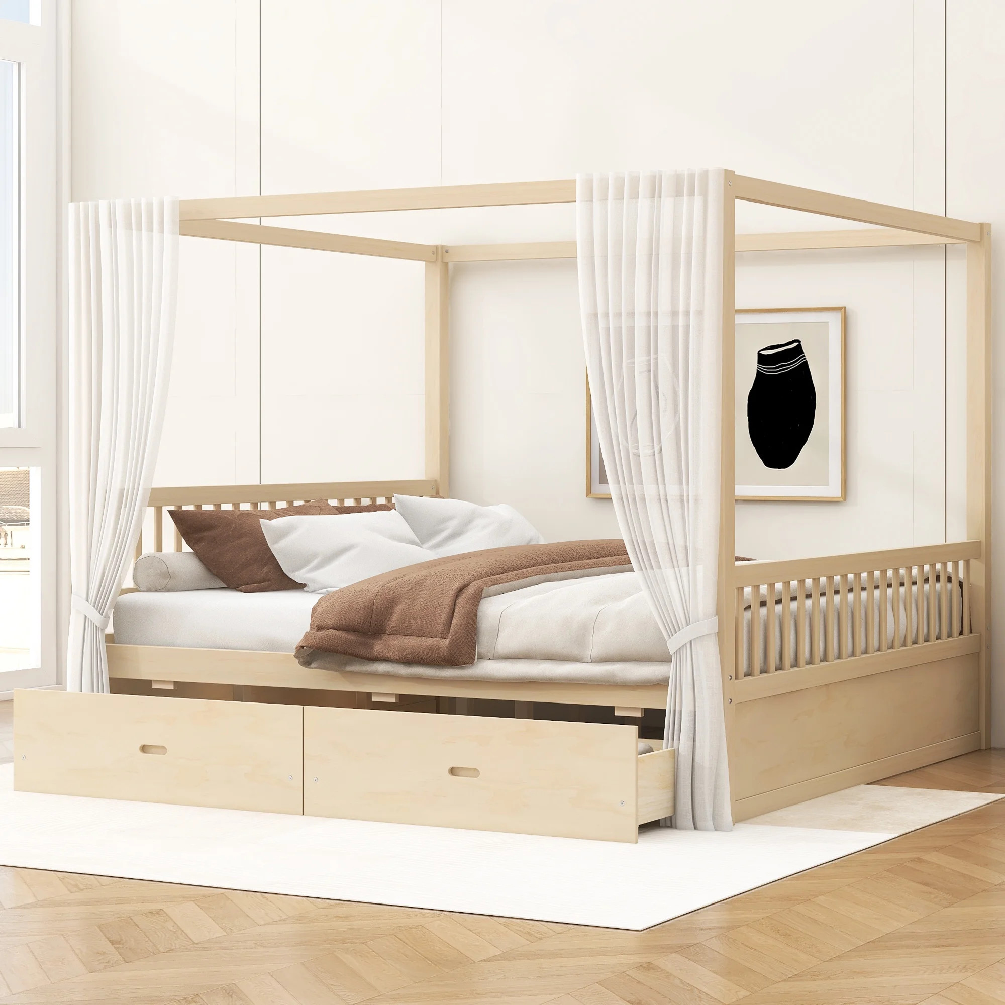 Euroco Wood King Size Canopy Bed with Drawers, Natural - Walmart.com | Walmart (US)
