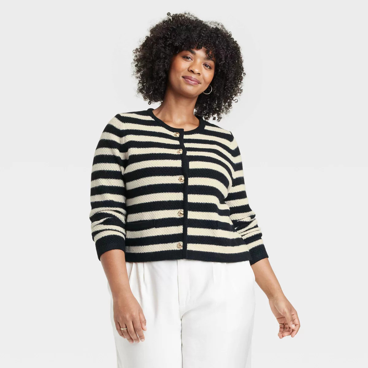 Women's Ribbed Cuff Button-Front Cardigan - A New Day™ Black Striped 2X | Target