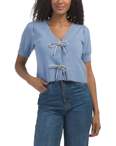 Short Sleeve Rhinestone Bow Sweater | TJ Maxx