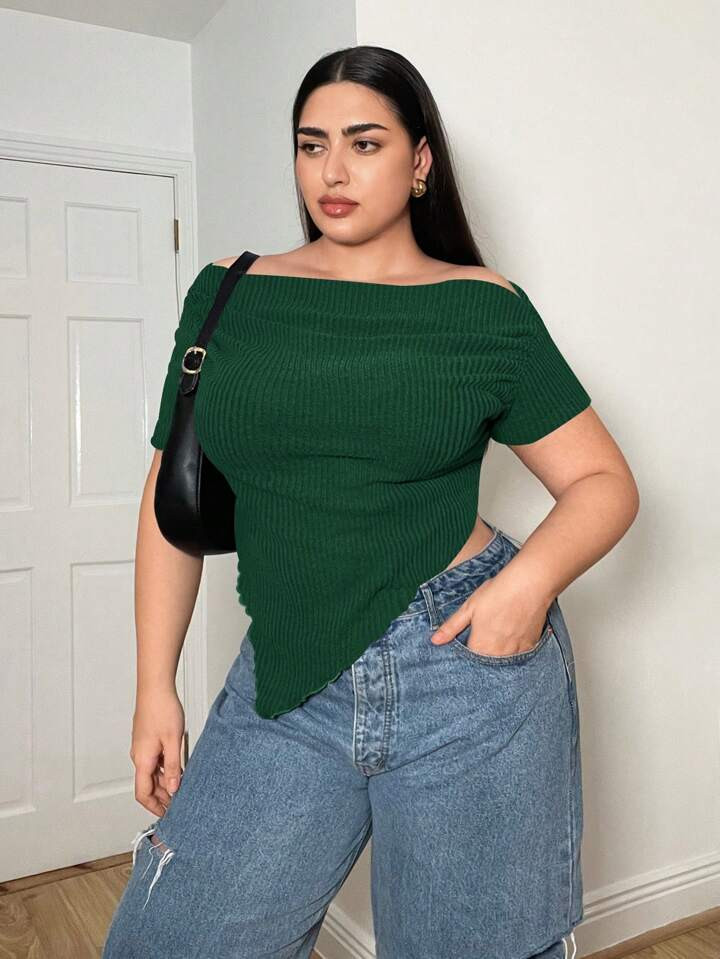 SHEIN Essnce Spring/Summer Plus Size Women Casual Fashion One Shoulder Short Sleeve T-Shirt | SHEIN