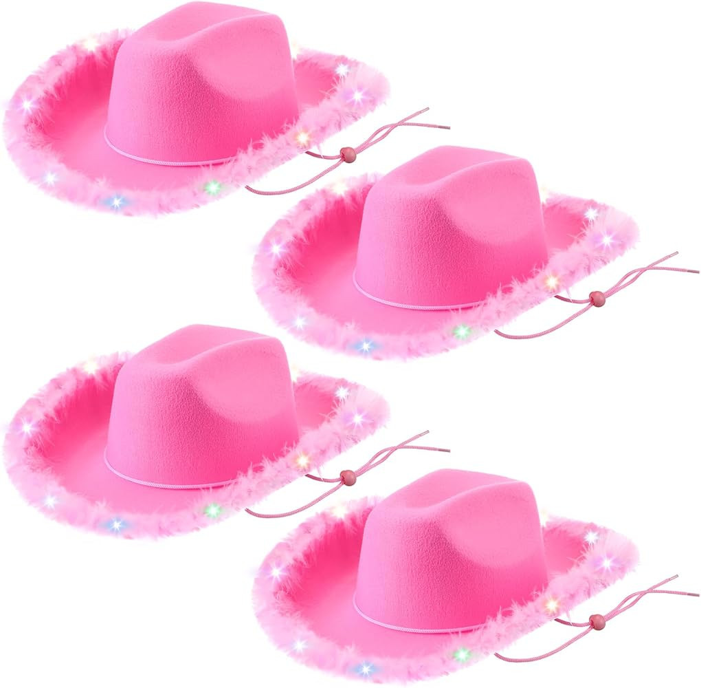 Panitay 4 Pcs LED Cowgirl Hats Cowboy LED Hats Fur Trimmed Disco Hat with Adjustable Neck Drawstr... | Amazon (US)