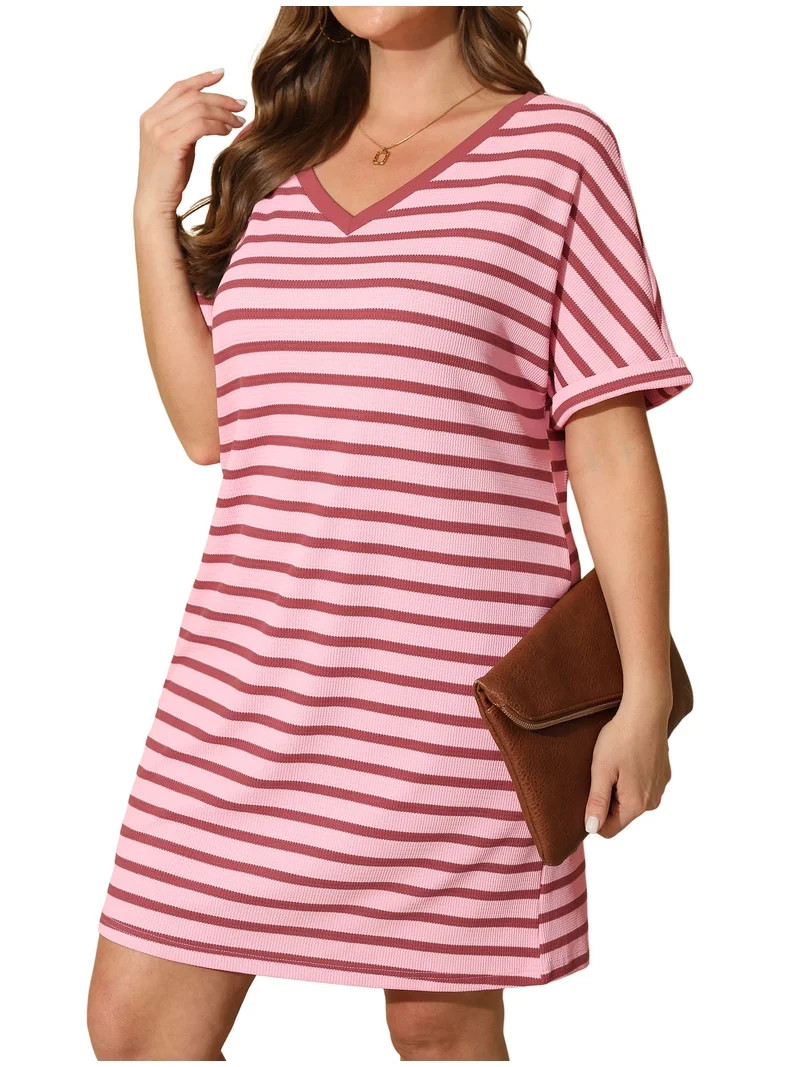 Daystry Women's Plus Size Striped Fashion V Neck Loose Short Sleeve T Shirt Dress with Pocket for... | Walmart (US)