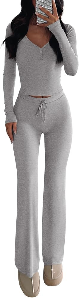 PPRETTYGARDEN Two Piece Sets For Women Long Sleeve V Neck Crop Tops Flare Pants Lounge Set Casual... | Amazon (US)