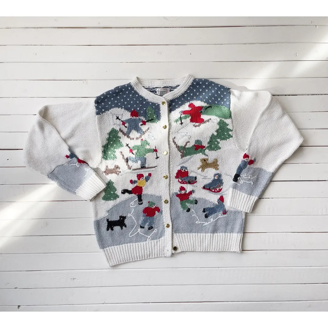 vintage Orvis white winter sports skiing ice skating Christmas cardigan sweater | Etsy (US)