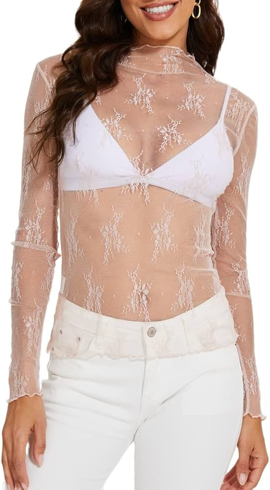 Mesh Long Sleeve Layering Top for Women Mock Neck Floral Embroidery Sheer See Through Tee Shirt B... | Amazon (US)