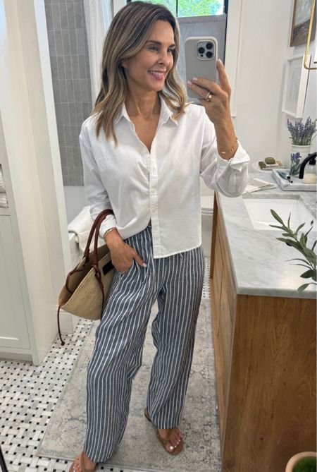 Cropped soft button up sz S
-Jcrew striped linen pants/ stripe solid out, solids available. 
Linked the Madewell pants I have and love. I wear a 0 in them. Size down 1 size  
-sezane basket tote
-Talbots sandals are buy 1 get one 50% off site. 


#LTKFindsUnder100 #LTKSaleAlert #LTKOver40