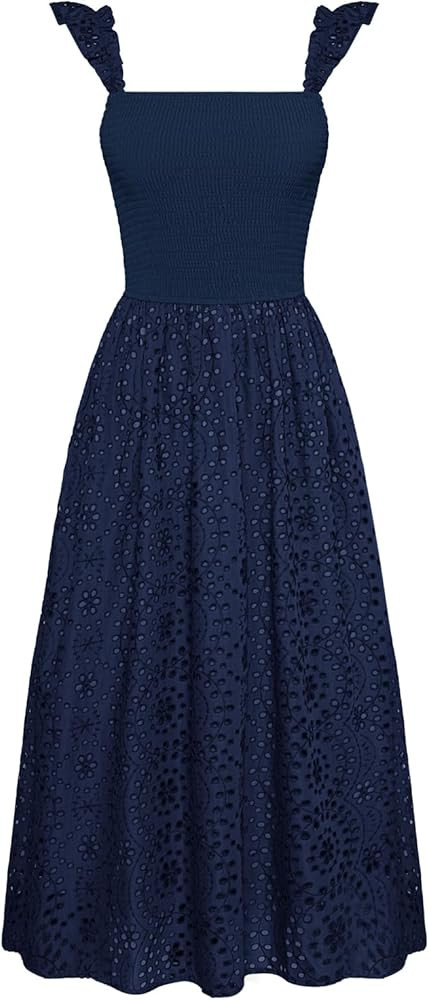 GRACE KARIN Women's 2025 Summer Ruffle Sleeve Midi Dress Square Neck Hollow Out Eyelet Smocked Be... | Amazon (US)