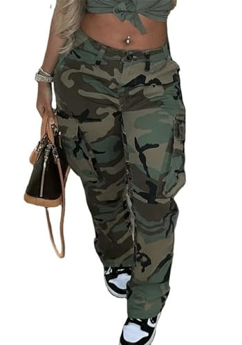 Women's Camo Print Cargo Casual High Waist Zipper Wide Leg Army Pants with Pockets Medium | Amazon (US)